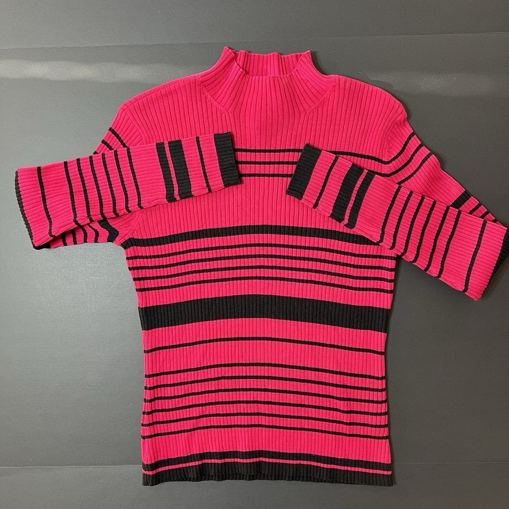 Worthington Pink Black Striped Mock Turtleneck Sweater Womens M Preppy Lagenlook